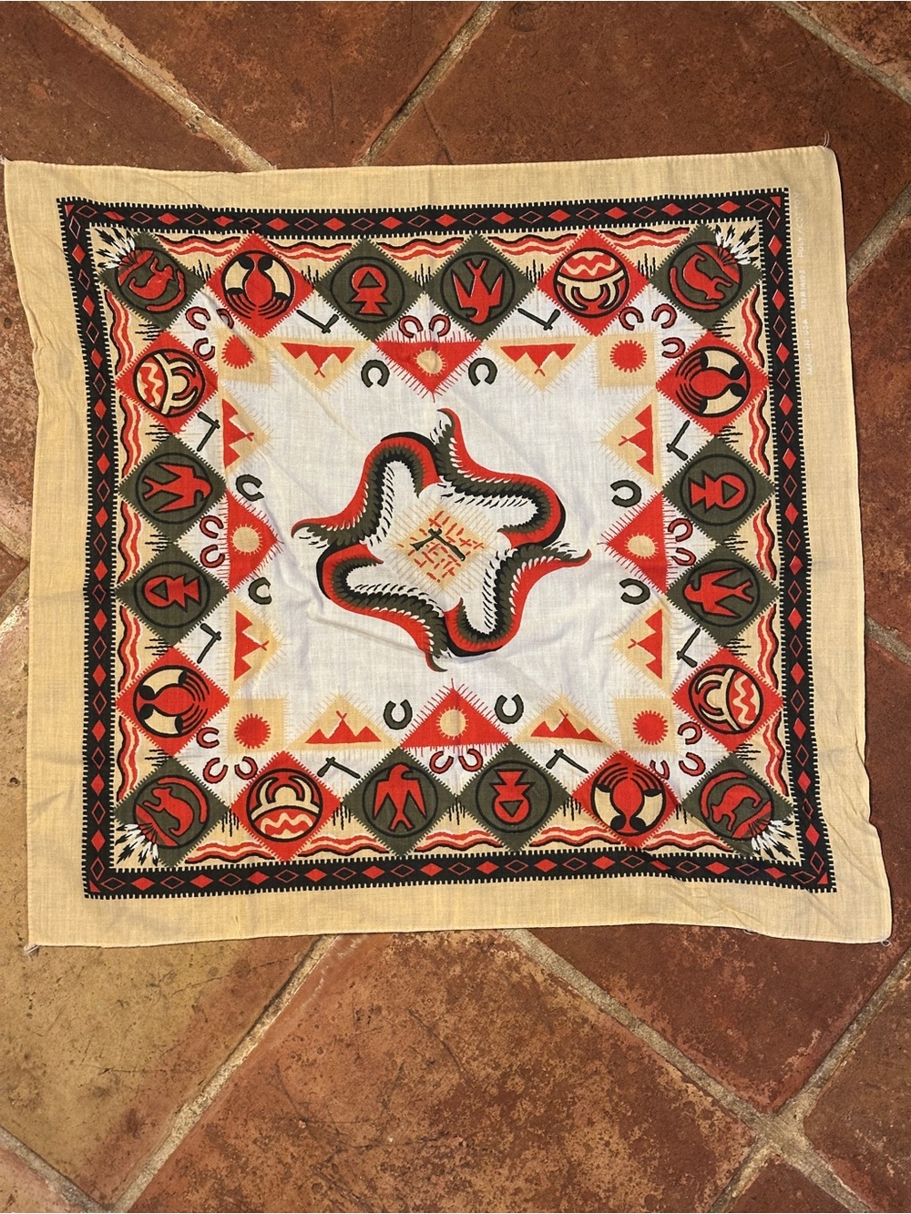 Boho Printed Bandana Square Scarf in Cream, Red & Olive